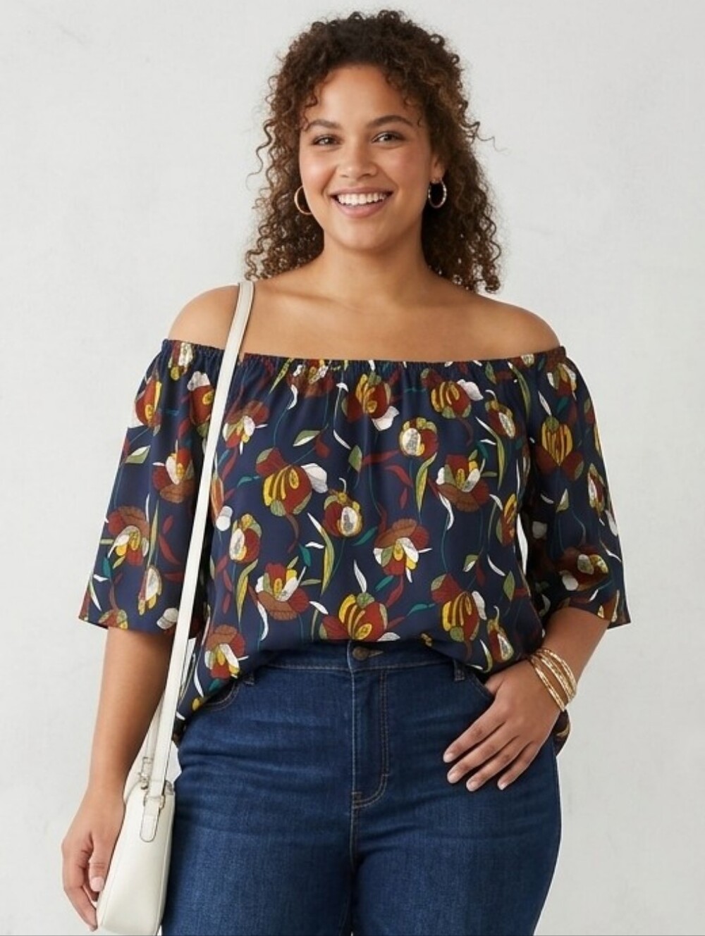 Lilian Floral Off the Shoulder Blouse Plus Size XL Navy Blue Flutter Sleeve Boho